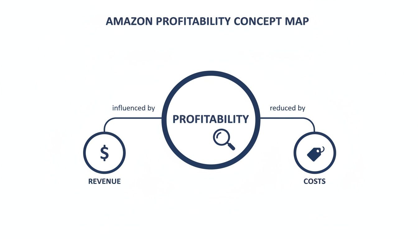 A concept map showing Amazon profitability influenced by revenue and reduced by costs.