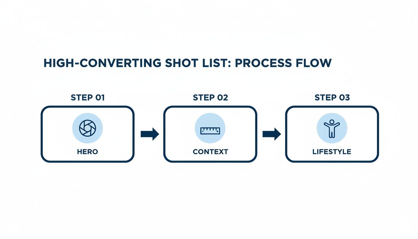 Process flow for a high-converting shot list, detailing Hero, Context, and Lifestyle steps.