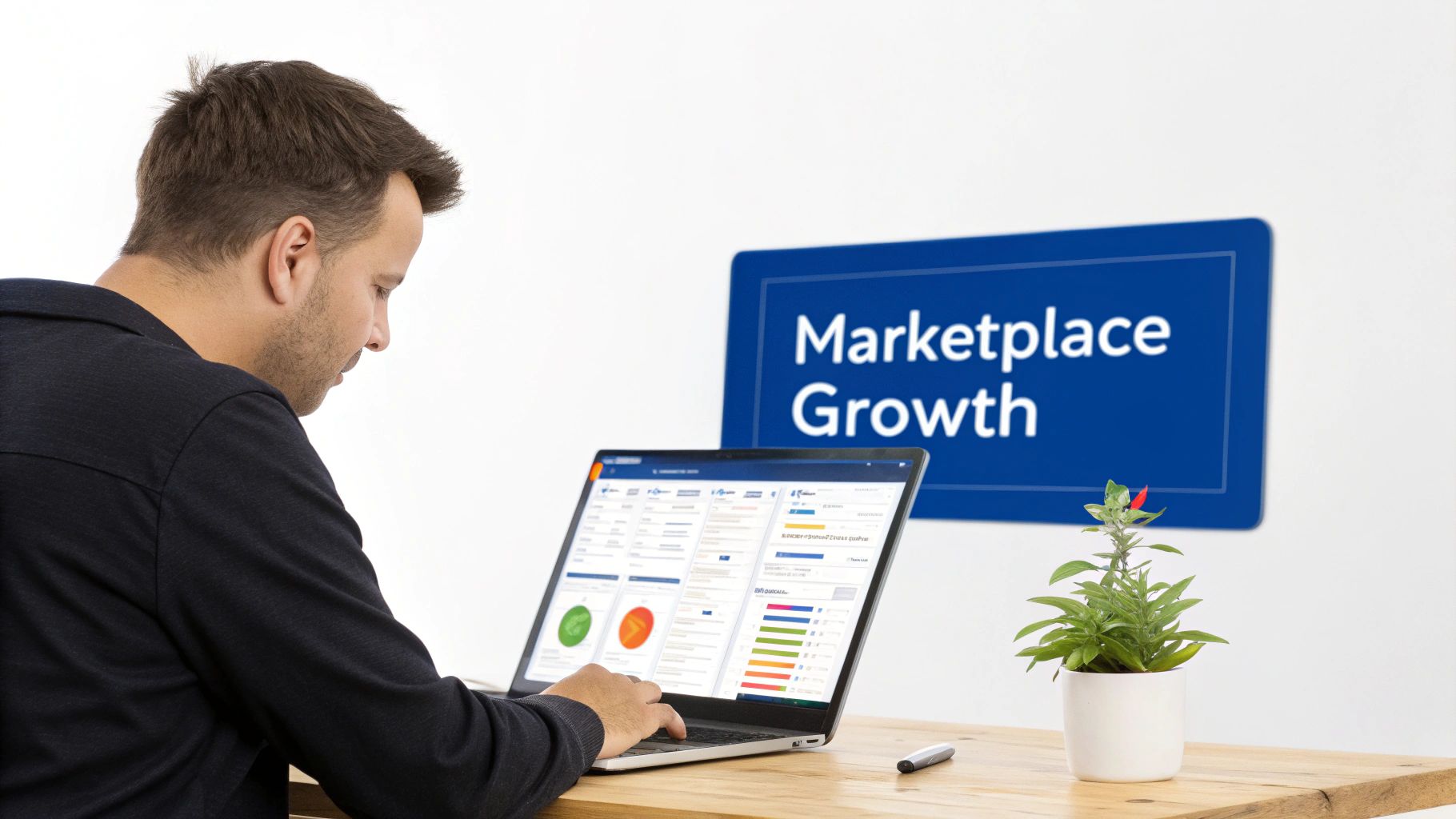 Man working on a laptop with data charts, focusing on 'Marketplace Growth' in an office setting.