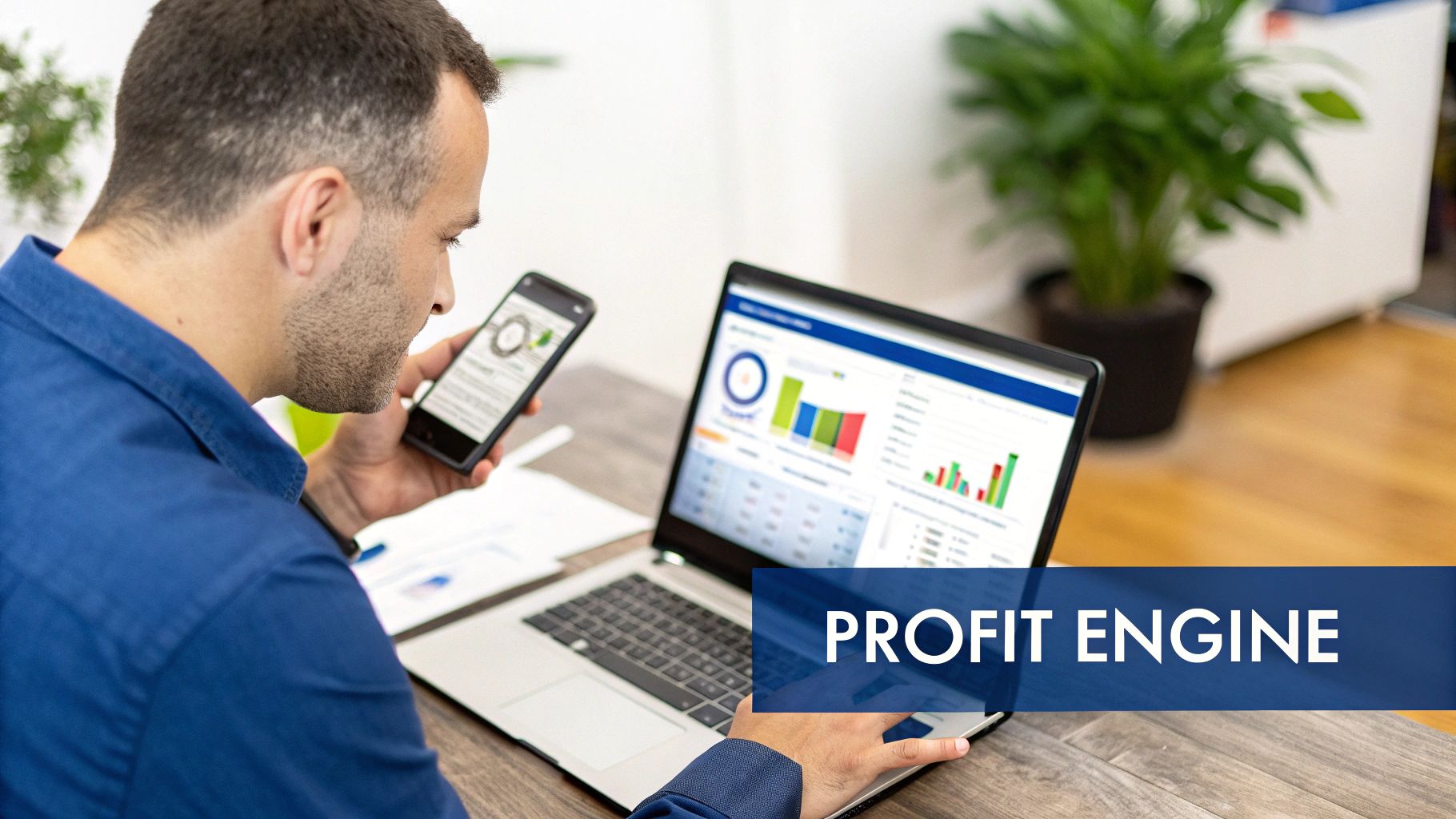 Man analyzing business reports and charts on a smartphone and laptop screen for insights.