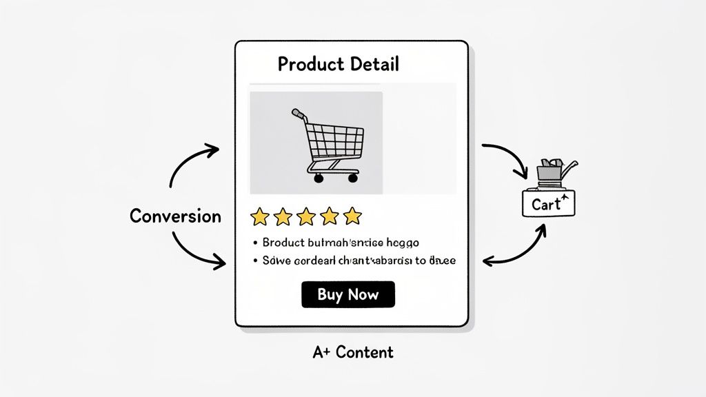 Diagram showing product detail page with shopping cart, ratings, buy button, and flow to a 'Cart+' icon representing conversion.