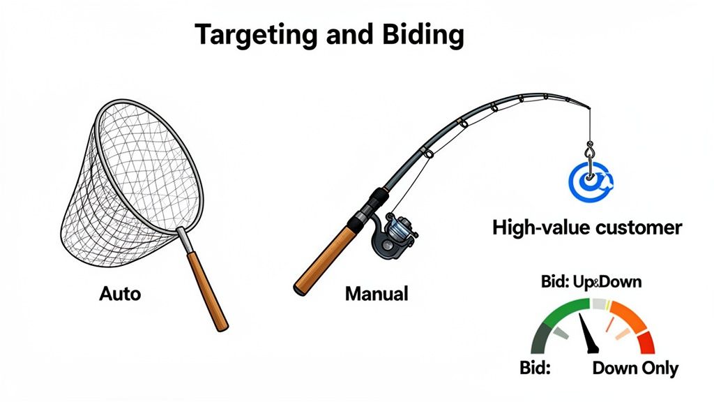 Image explaining ad targeting and bidding, contrasting auto broad targeting with manual high-value customer targeting.