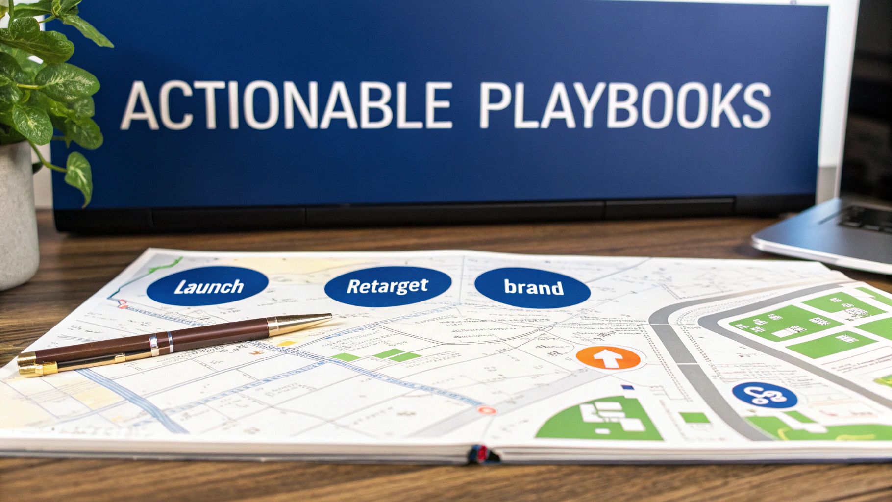 Business strategy playbooks showing launch retarget brand phases with charts and planning documents on desk