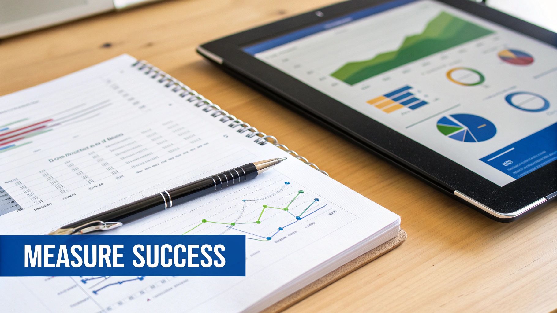 A tablet and notebook displaying business graphs and charts with a pen, featuring 'MEASURE SUCCESS' text overlay.