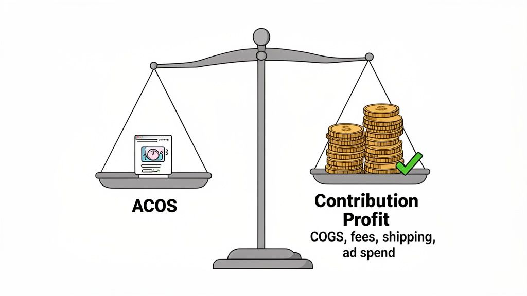 A scale weighing ACOS (Advertising Cost of Sales) against Contribution Profit, prioritizing profit.