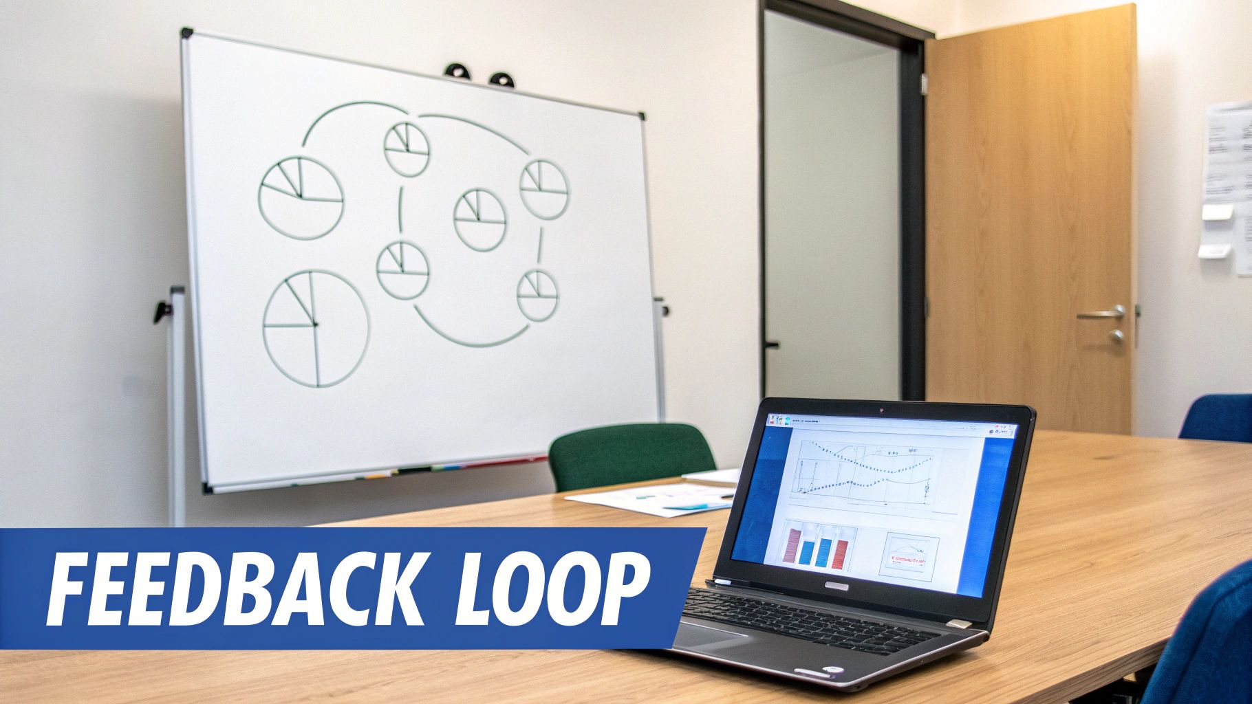 A meeting room with a whiteboard showing interconnected pie charts and a laptop displaying data graphs, with 'FEEDBACK LOOP' text.