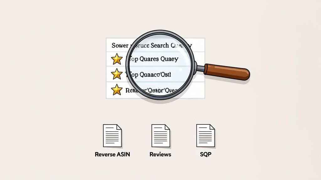 Magnifying glass over search query results, with document icons for Amazon ASIN, reviews, and SQS.