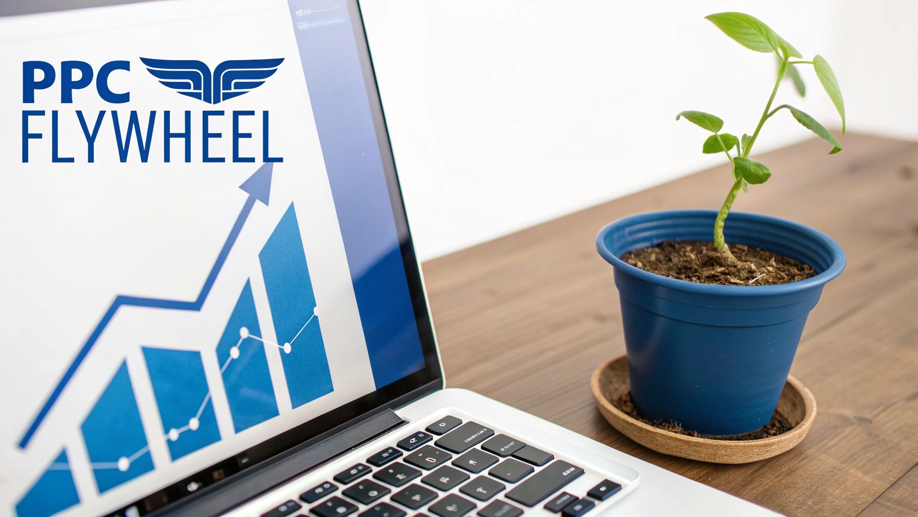 Laptop screen shows 'PPC FLYWHEEL' logo and a growth graph, beside a small green plant on a desk.