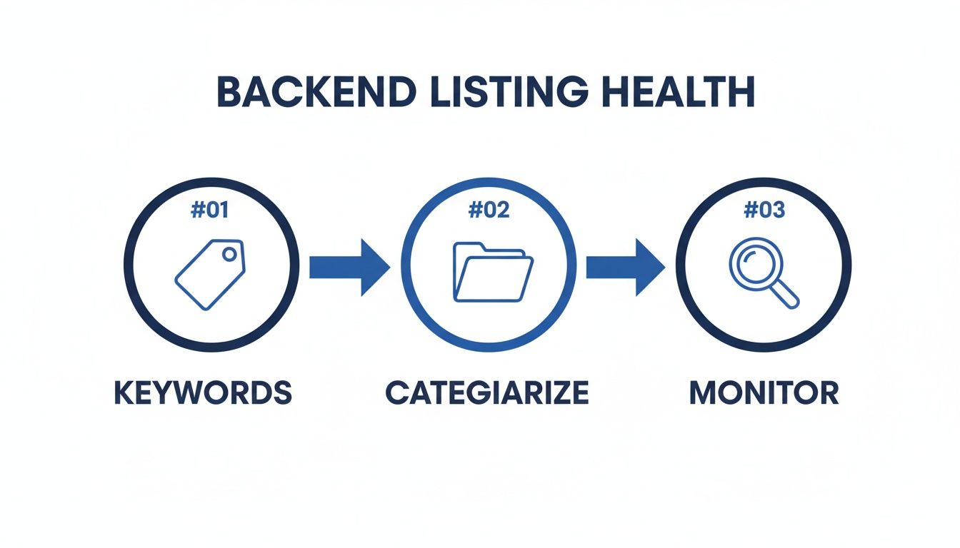 Infographic showing a 3-step process for backend listing health: Keywords, Categorize, and Monitor.