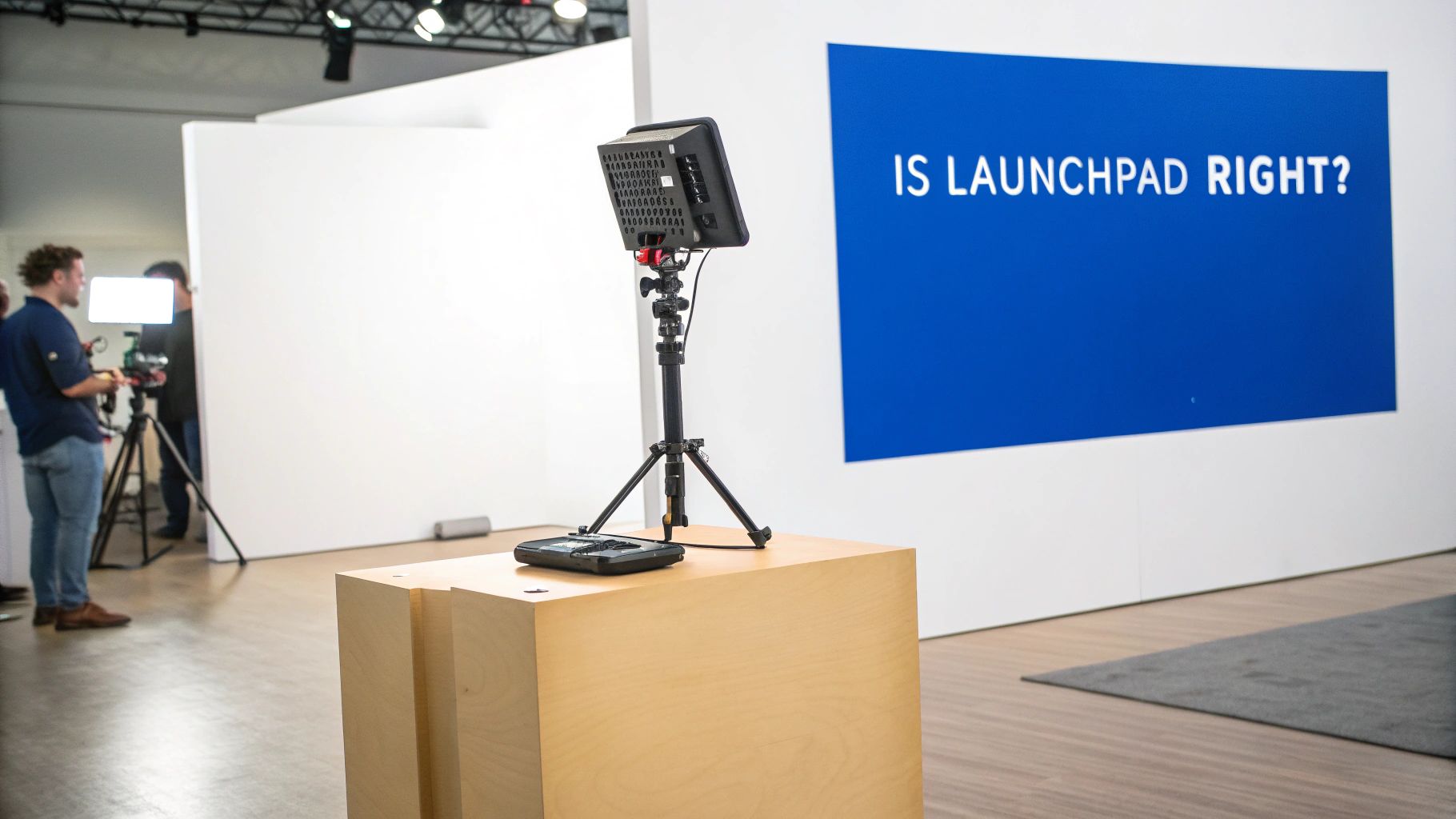 A professional filming setup with a camera light and remote, and 'IS LAUNCHPAD RIGHT?' on a blue wall.
