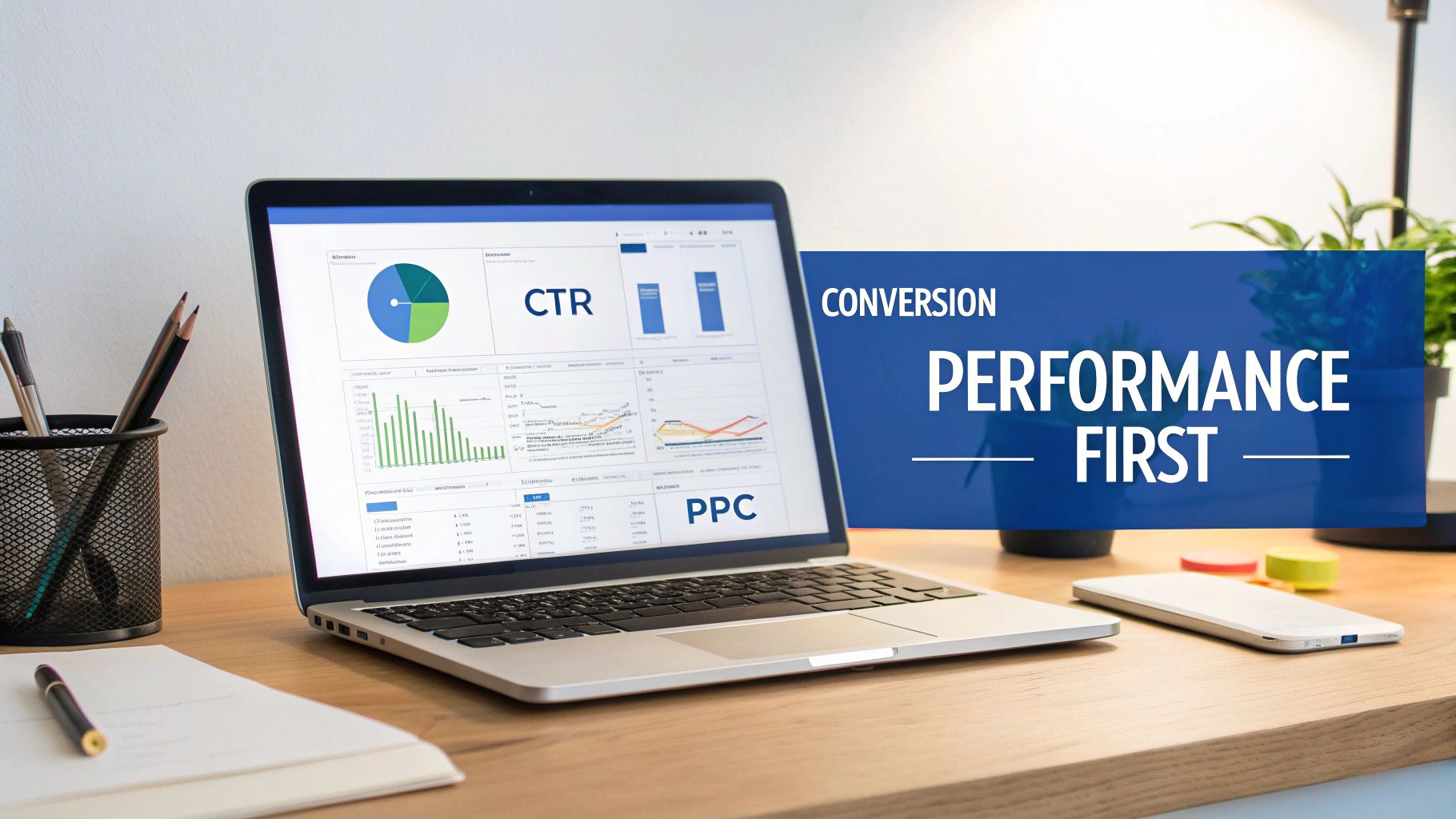 Laptop displaying marketing performance metrics like CTR and PPC on a desk with office supplies.