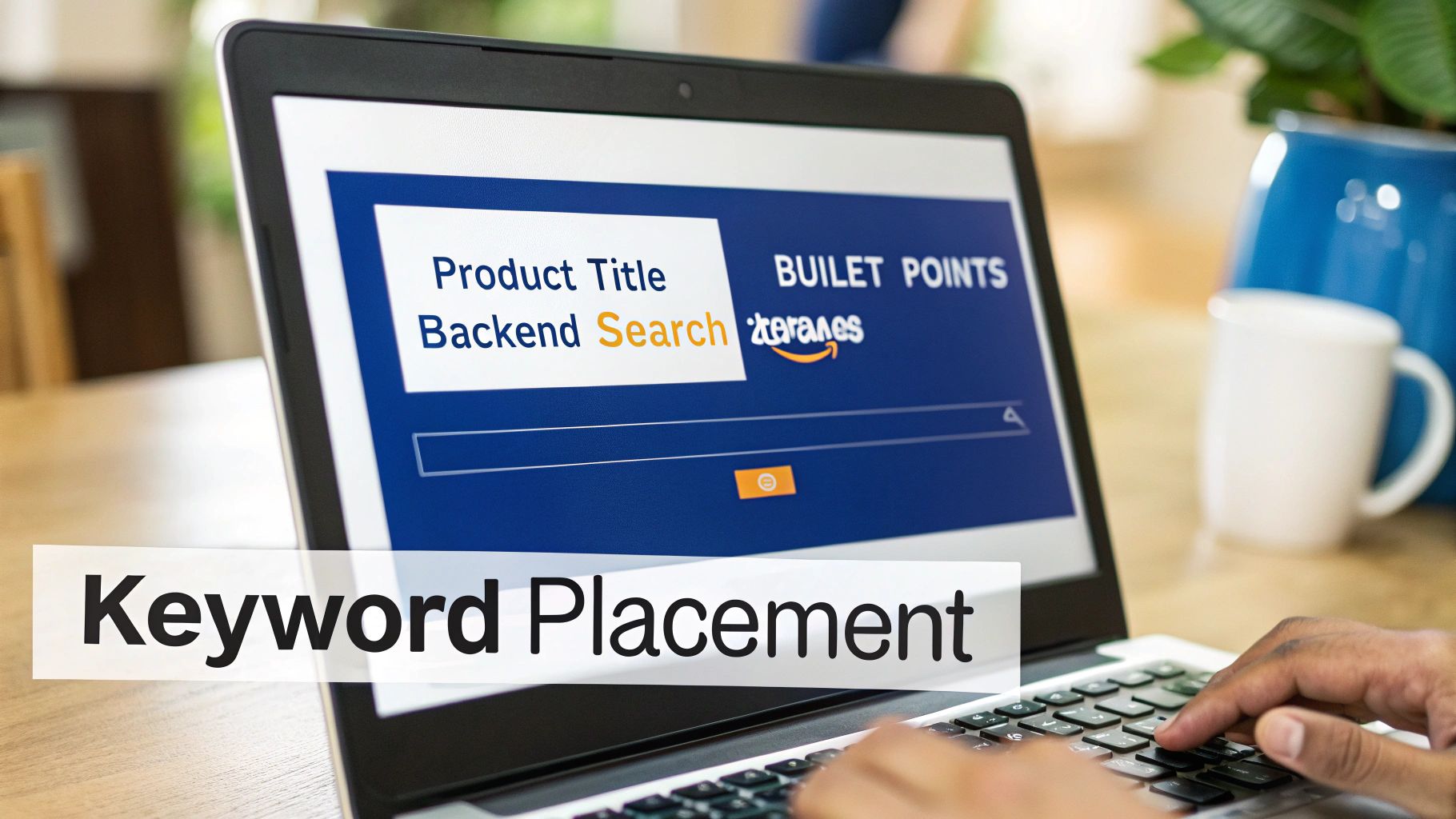 A magnifying glass hovering over a product listing on a screen, highlighting the title, bullet points, and description to symbolize keyword placement.