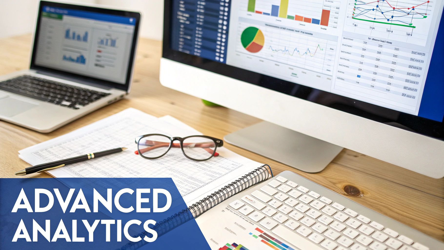 A desk with a laptop, large monitor showing data analytics dashboards, papers, and keyboard.