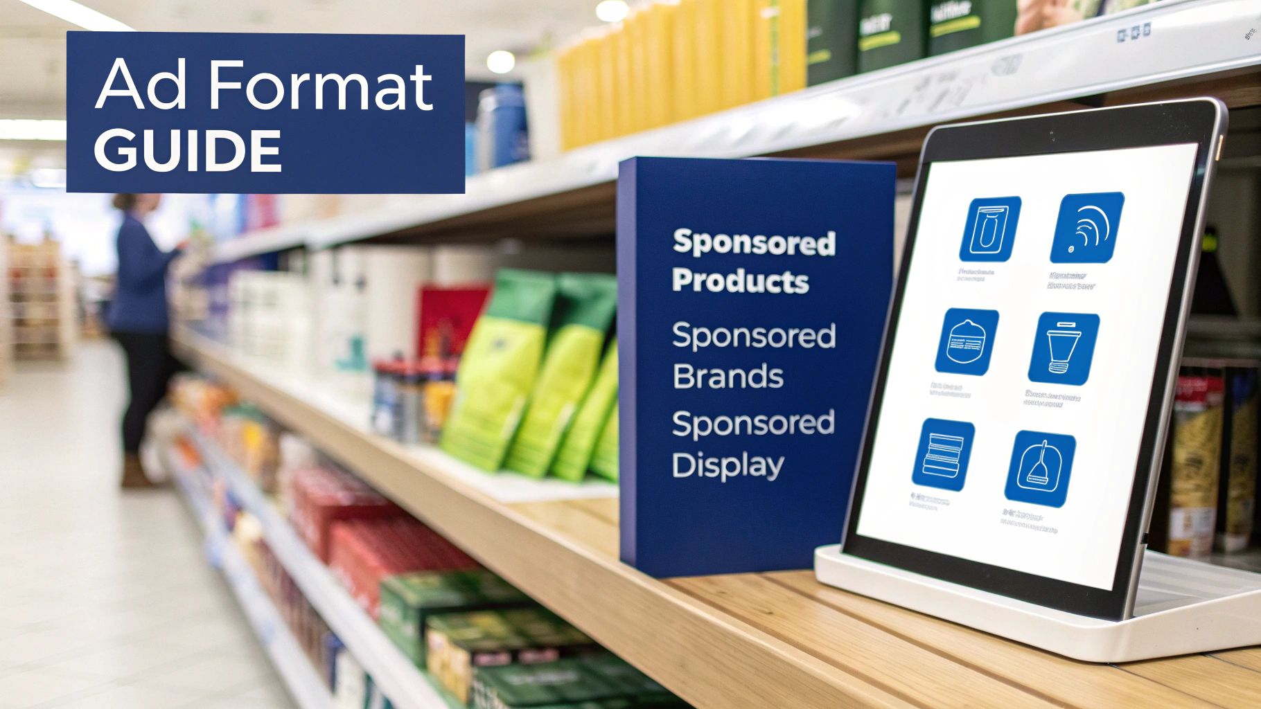 A retail display showcasing ad format guides for sponsored products, brands, and display advertising on a tablet.