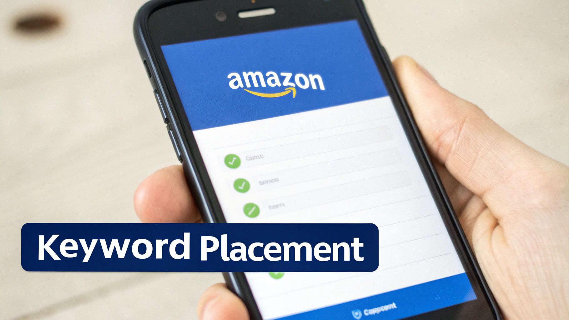 A hand holds a smartphone displaying the Amazon logo and keyword inputs, overlaid with a 'Keyword Placement' banner.