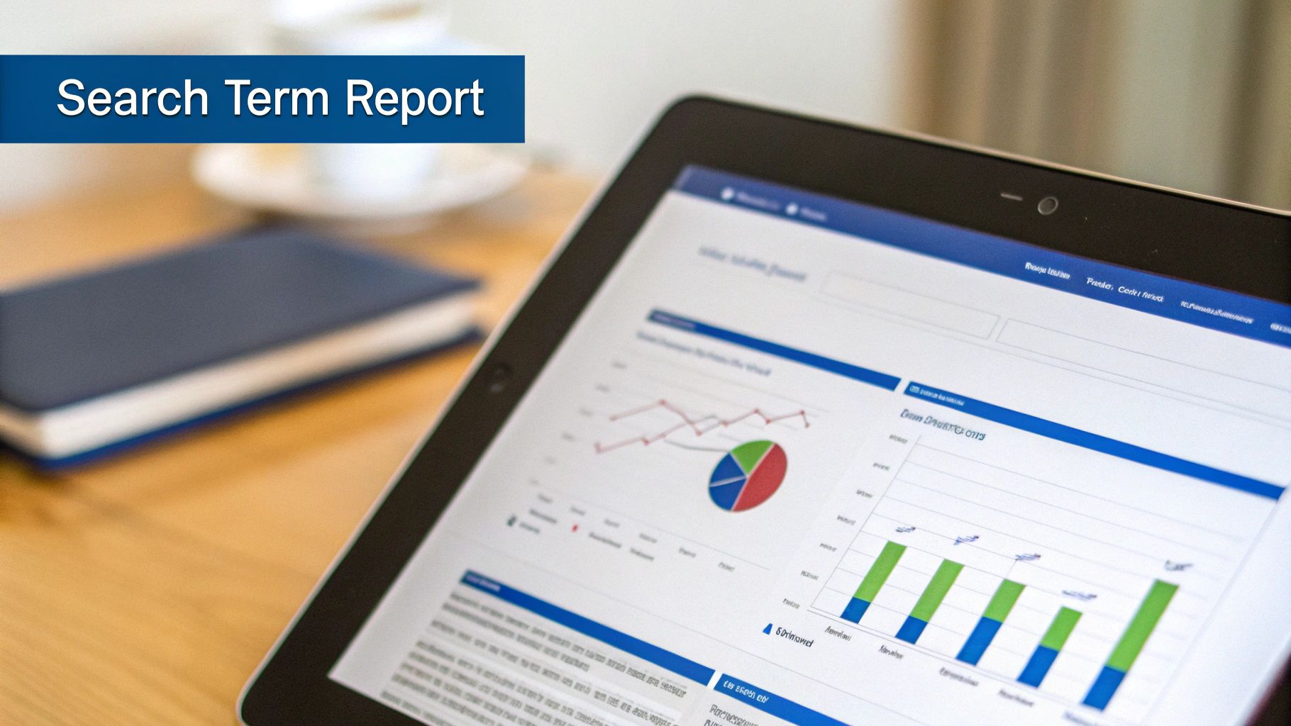 Tablet displaying a digital 'Search Term Report' with various analytics charts and graphs on a wooden desk.