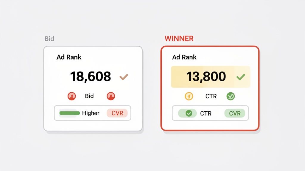 Comparison of two ad rank cards: one showing a higher rank for 'Bid', the other a lower 'WINNER' rank.