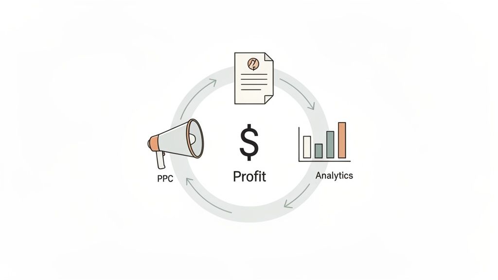 A diagram illustrates a profit cycle with PPC, a document, and analytics surrounding a dollar sign.