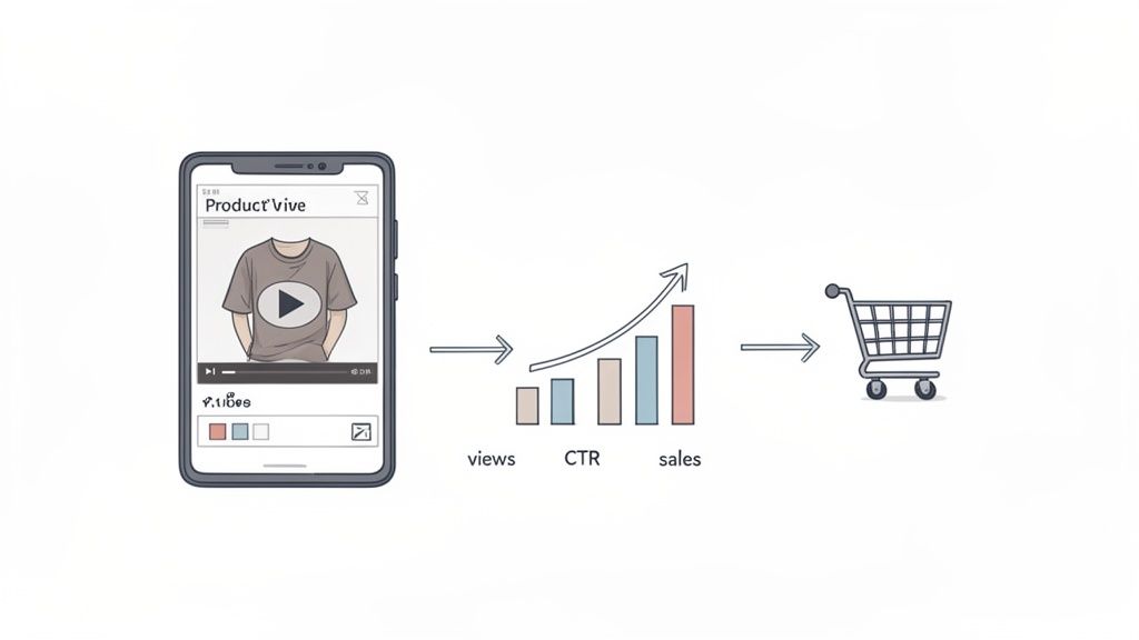 Product video on a smartphone driving increased views, CTR, and sales, leading to e-commerce shopping.