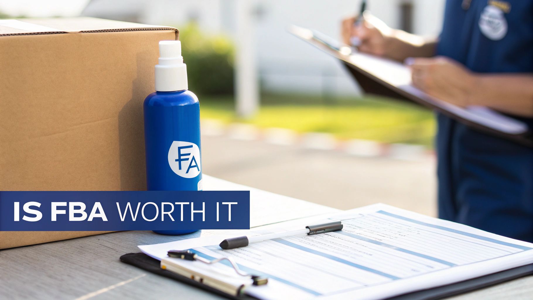A blue spray bottle with FA logo next to a cardboard box and a person signing documents, with 'IS FBA WORTH IT' text.