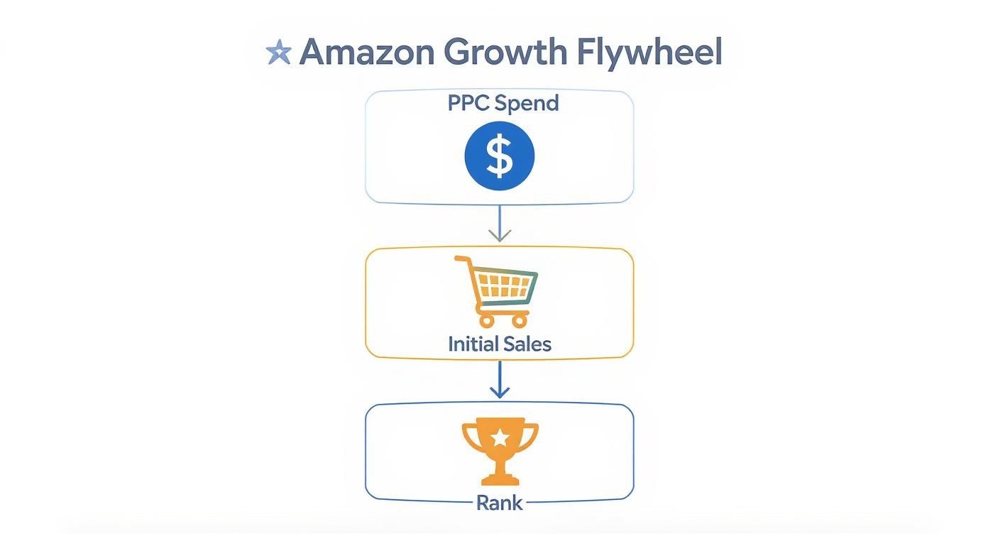 Infographic of the Amazon Growth Flywheel showing PPC Spend leading to Initial Sales, which in turn boosts Organic Rank.
