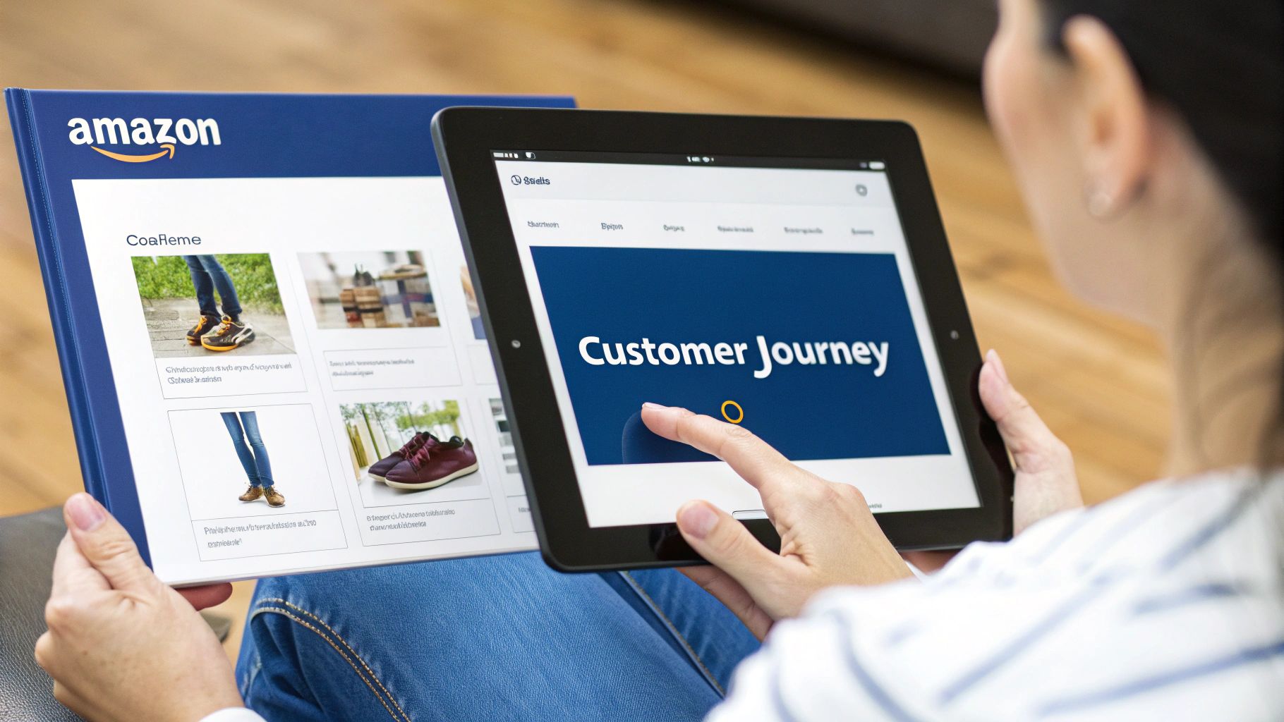 A person using a tablet to navigate a branded online storefront, illustrating a seamless customer journey.