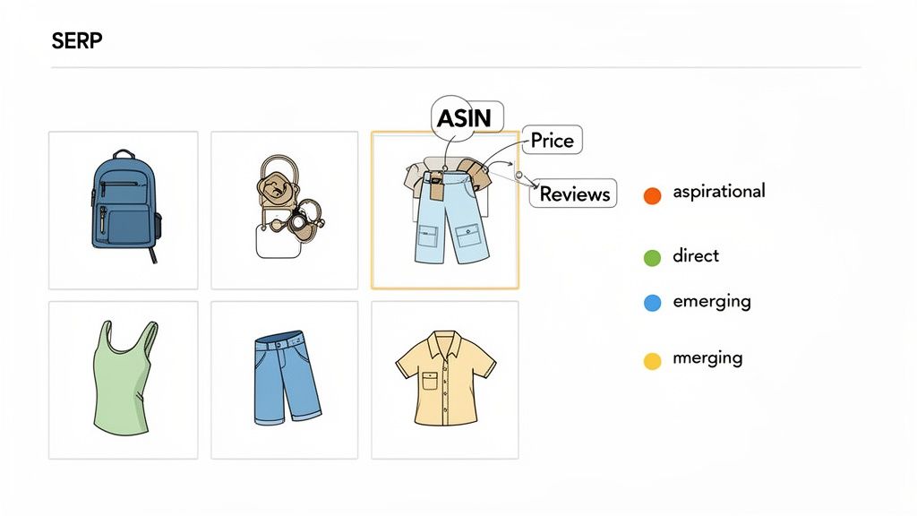 A diagram of a Search Engine Results Page (SERP) showing product listings, one highlighted with ASIN, Price, and Reviews labels, alongside a legend.