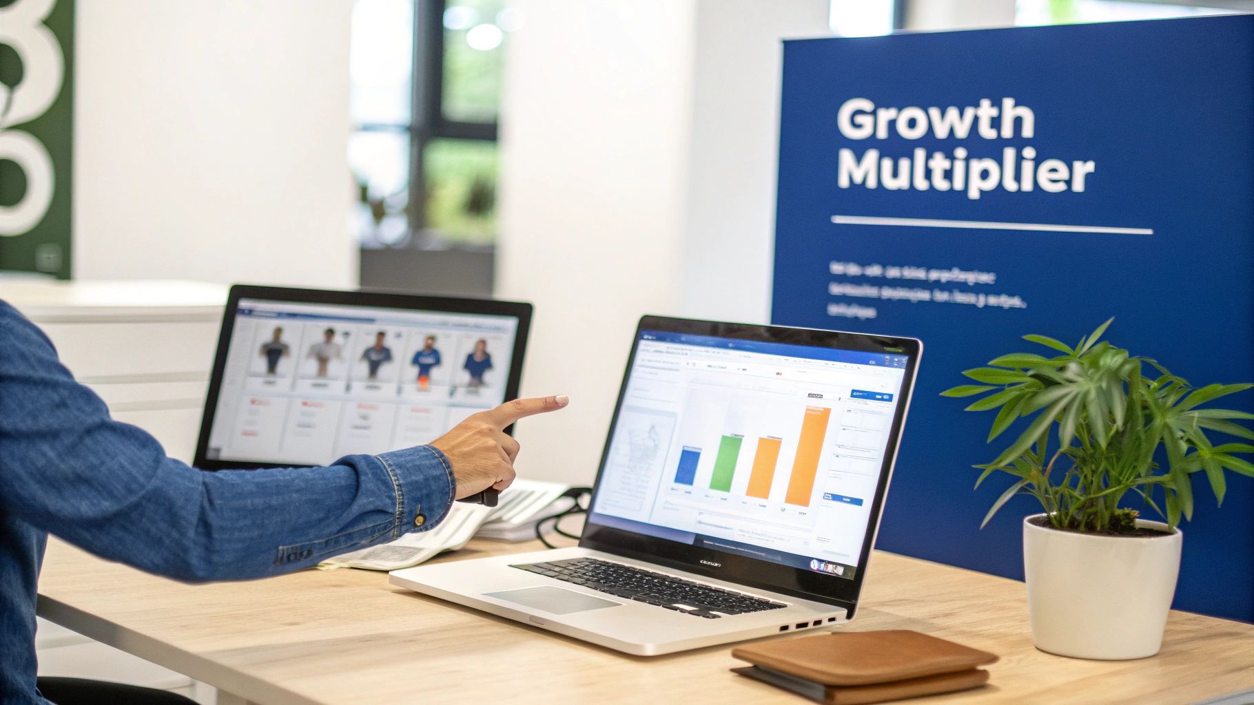 A person points at a laptop displaying business charts and data, with another laptop and a plant on the desk.