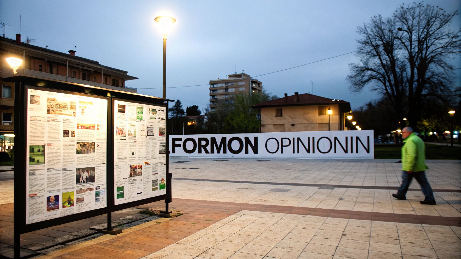 Një person që mban një prozhektor, duke simbolizuar se si media ndriçon tema të caktuara