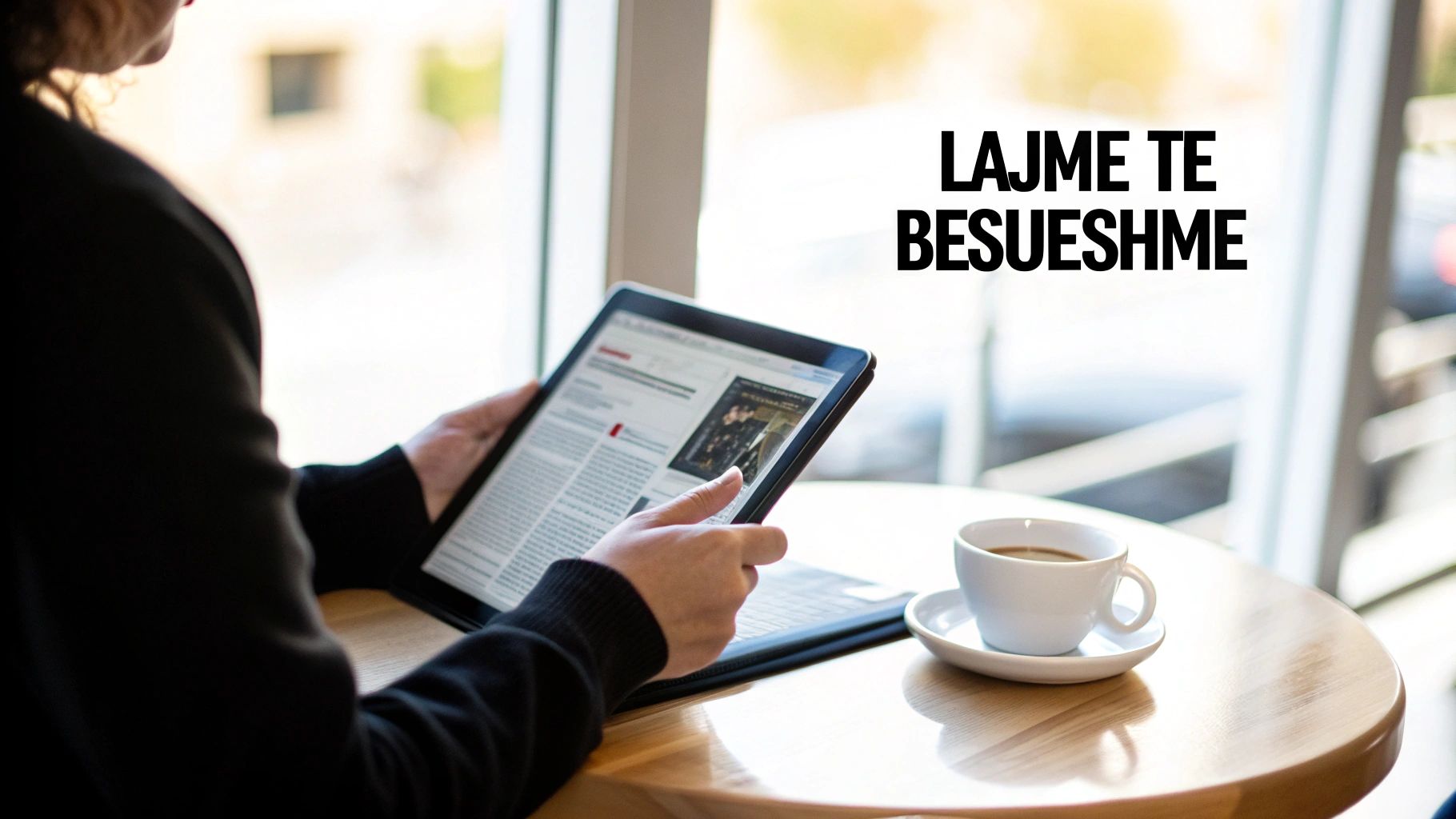 Persona duke lexuar lajme në një tablet, me sfond hartën e Shqipërisë