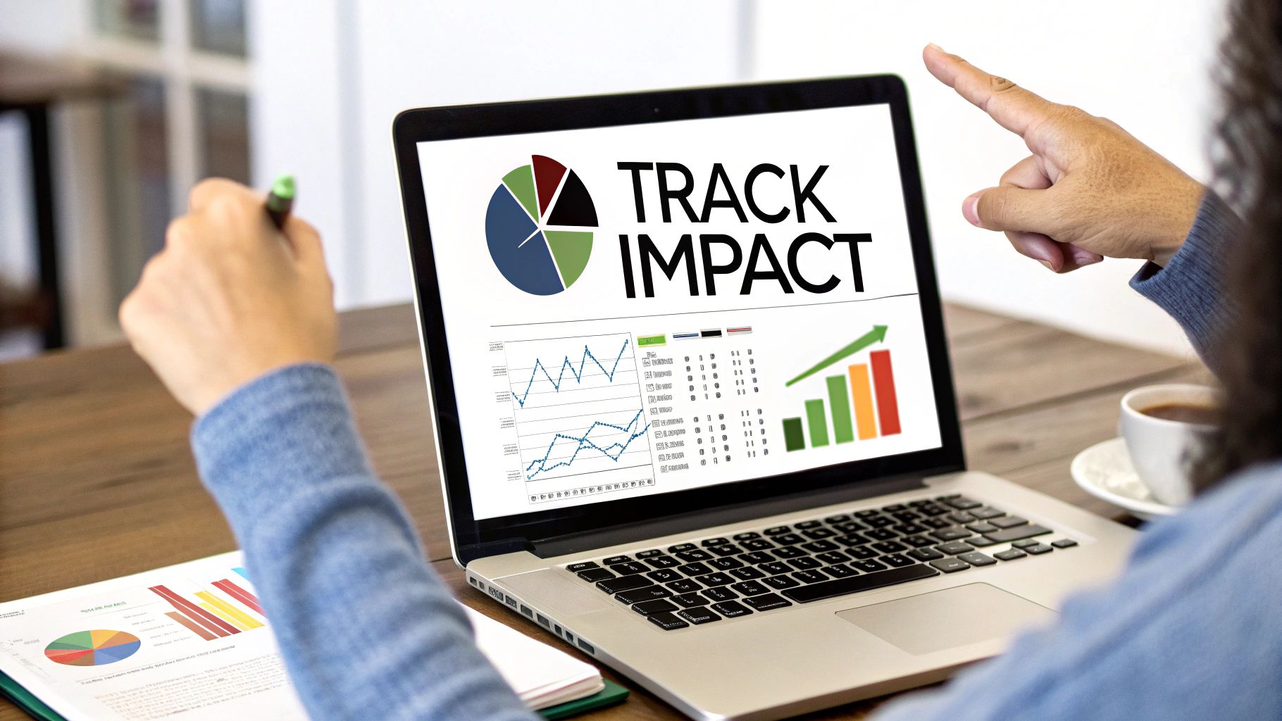Two people analyzing business data on a laptop displaying 'Track Impact' with various charts.
