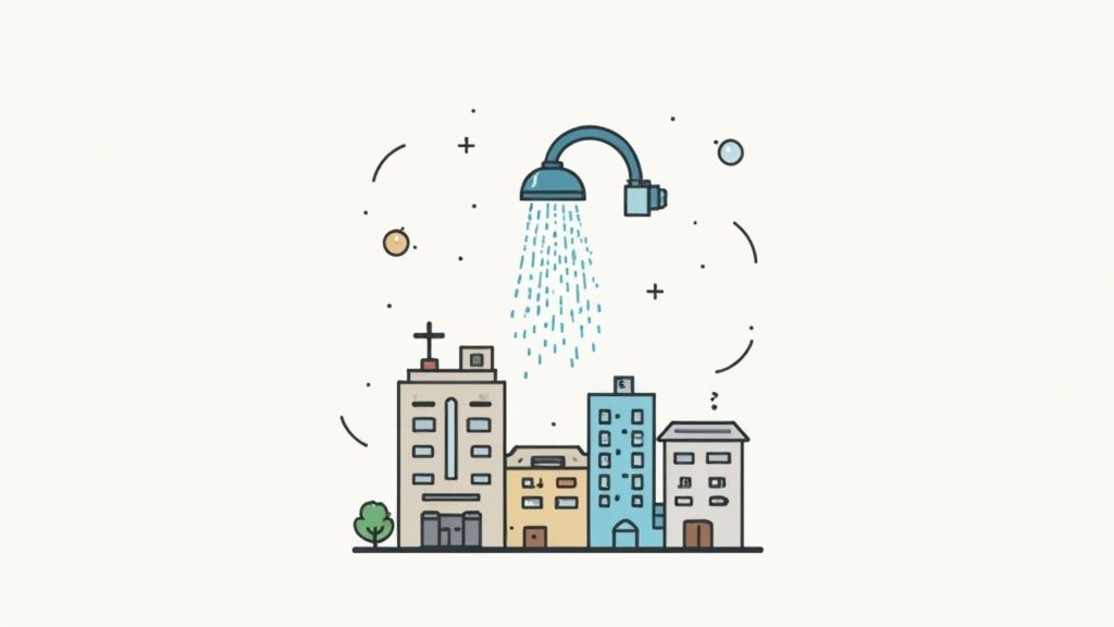 A stylized illustration of city buildings beneath a giant aerating shower head, depicting water efficiency.