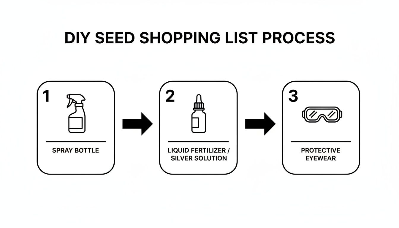 Diagram showing a DIY seed shopping list process with a spray bottle, liquid fertilizer, and protective eyewear.