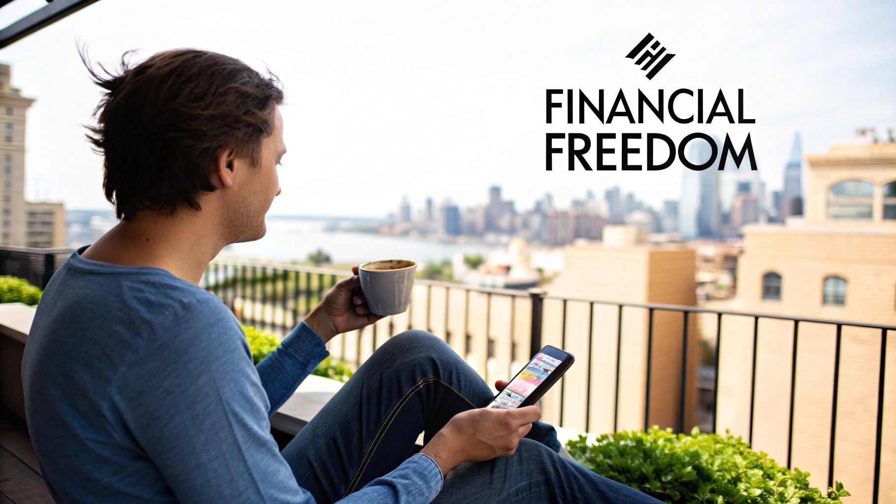 Man relaxing on rooftop terrace with coffee and smartphone overlooking city skyline, financial freedom concept
