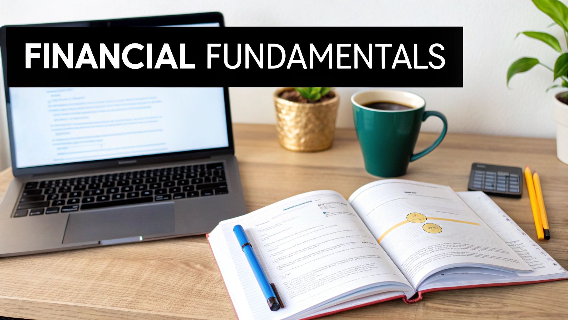 A desk with a laptop displaying 'FINANCIAL FUNDAMENTALS', an open book, a pen, and office supplies.