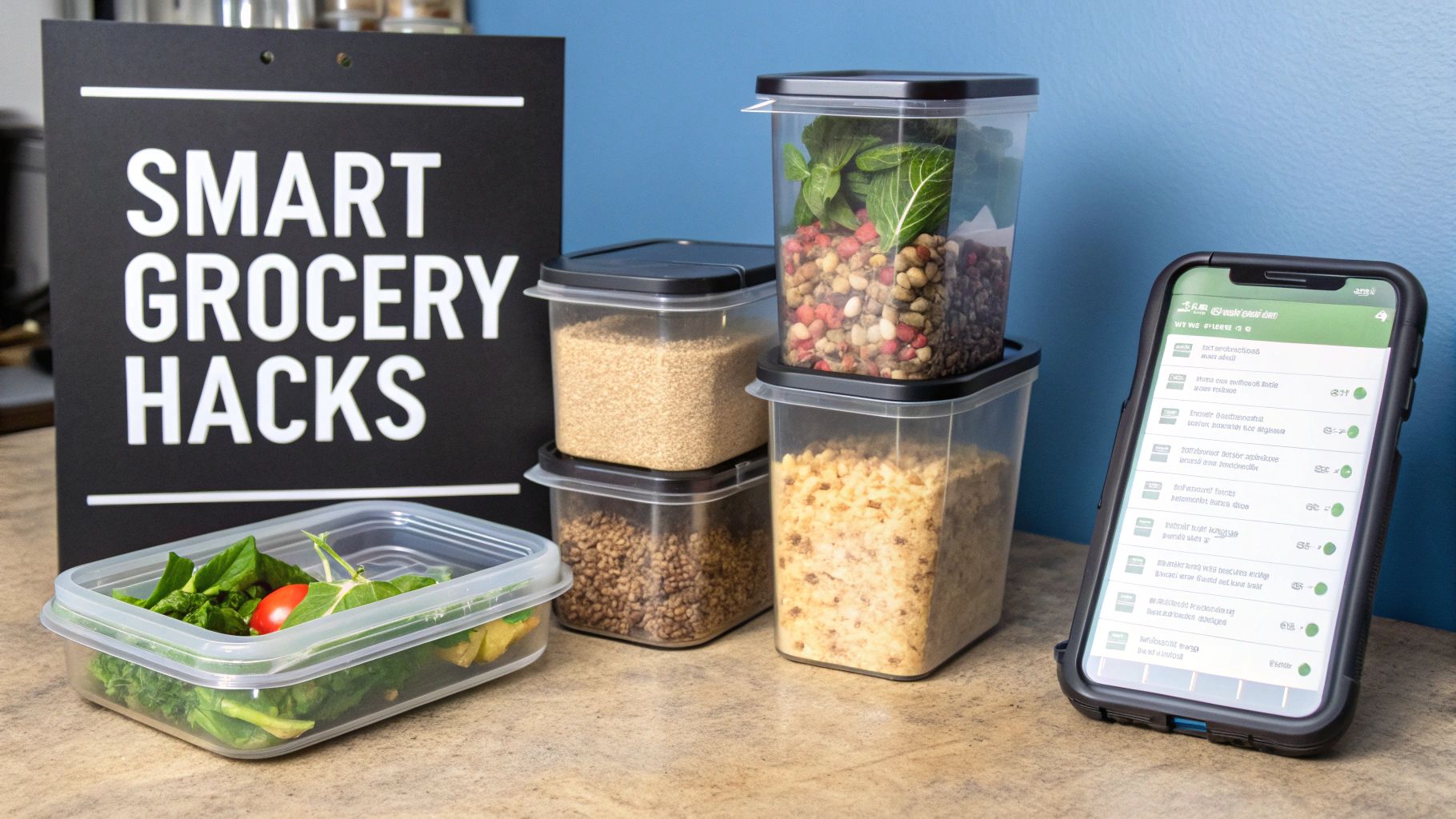 Image showcasing smart grocery hacks with organized food containers and a digital shopping list.