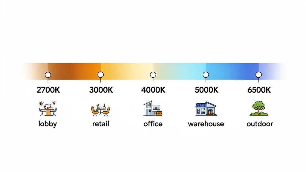 A color temperature chart showing recommended Kelvin levels for different environments like lobby, retail, office, warehouse, and outdoor.