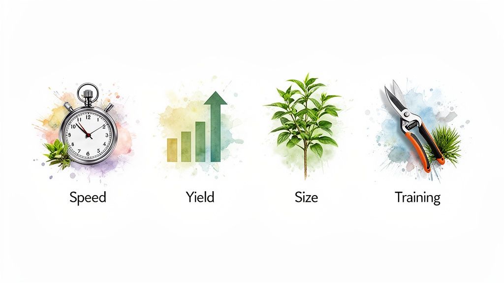 Four watercolor icons representing plant growth factors: speed (stopwatch), yield (bar chart), size (plant), and training (pruning shears).