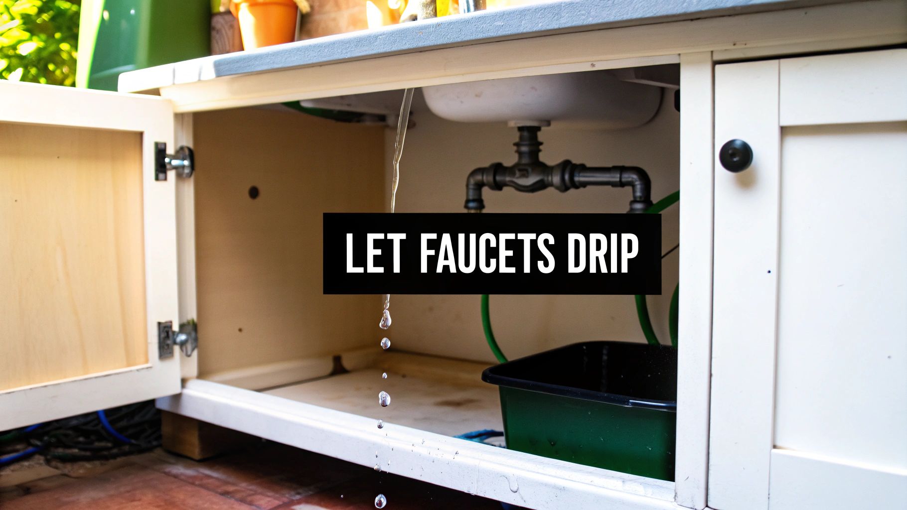 Water drips from an indoor faucet into a green container under an open sink cabinet.