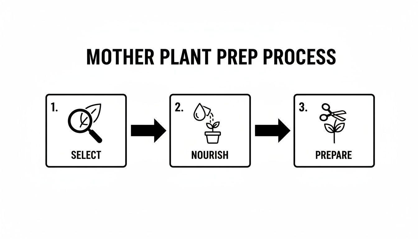 A visual guide illustrating a three-step process for mother plant preparation: select, nourish, and prepare.