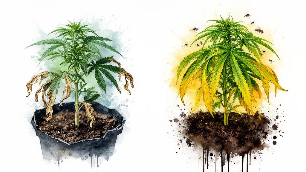 Two watercolor-style cannabis plants: one withered in a pot, the other with yellowing leaves and flying insects.