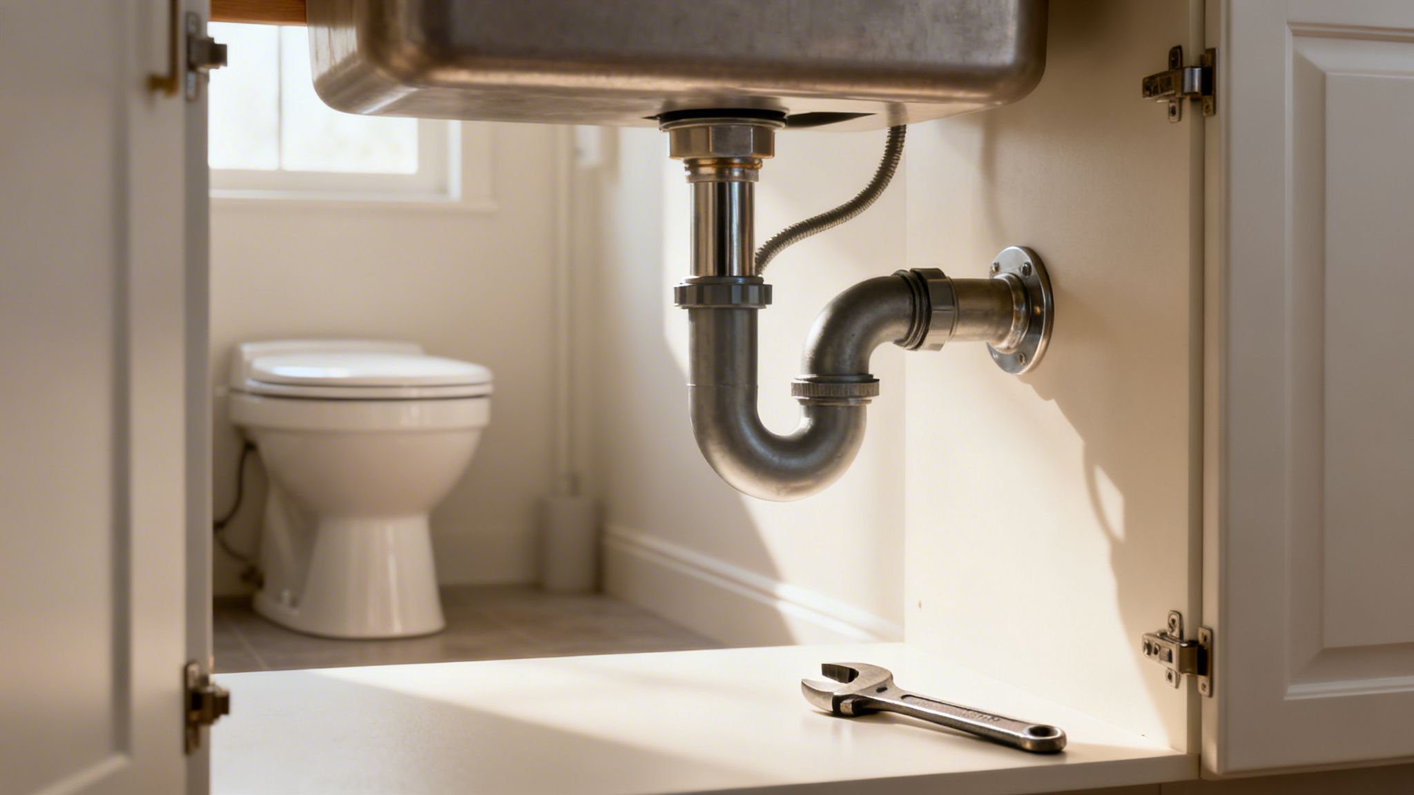 Under-sink plumbing with P-trap, a wrench, and a toilet visible in the background.