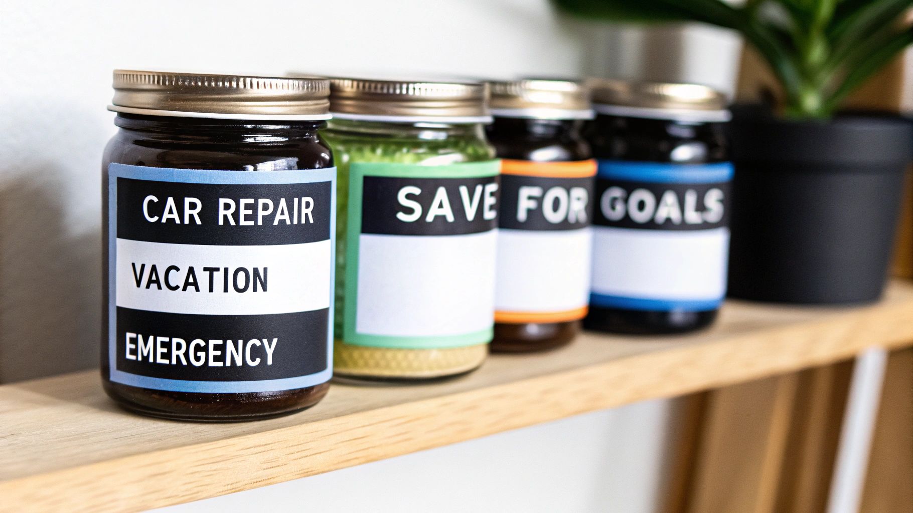 Labeled savings jars for car repair, vacation, emergency fund and financial goals on wooden shelf