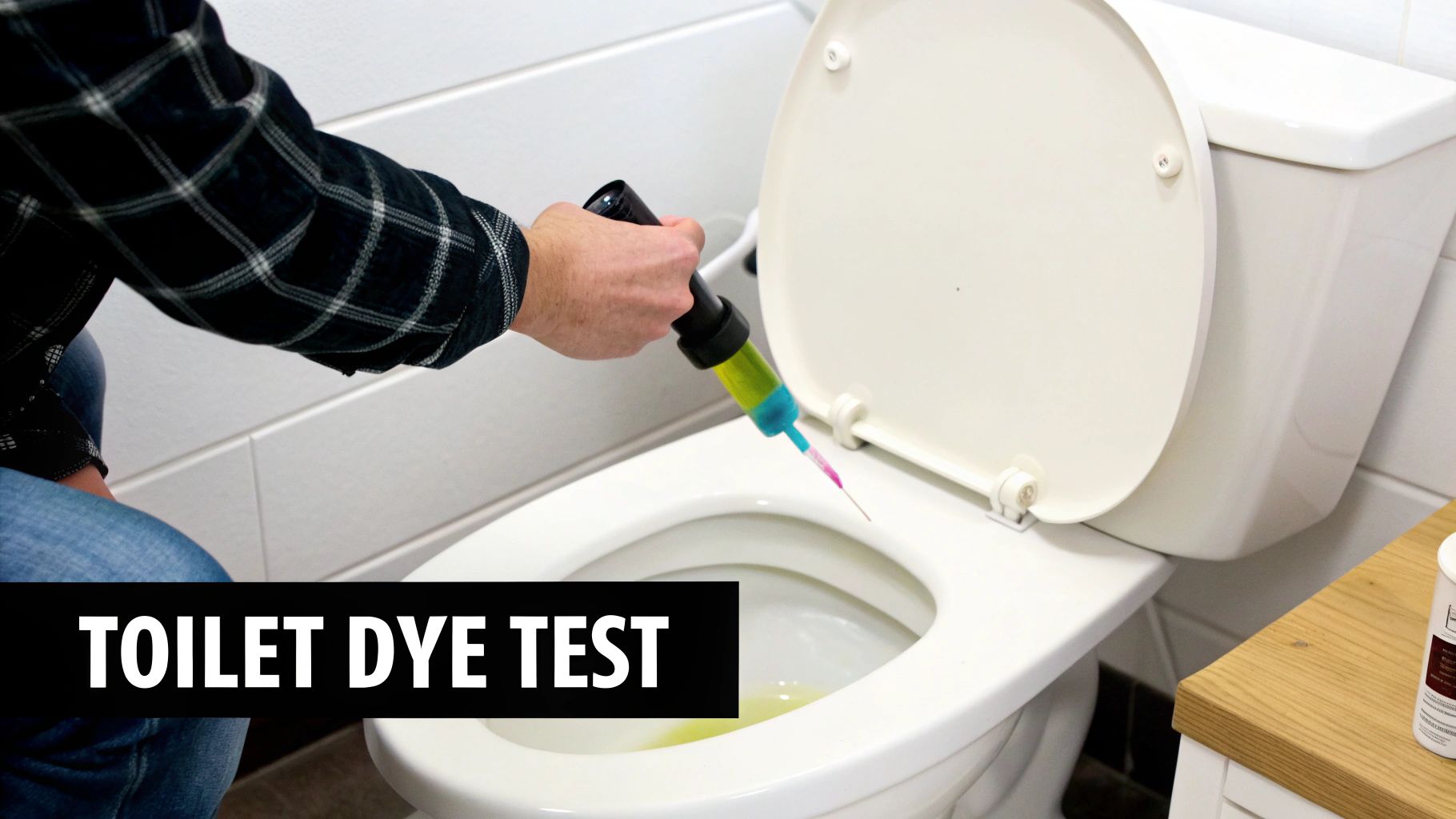 A person performs a toilet dye test, injecting two-tone liquid from a syringe into a toilet bowl.