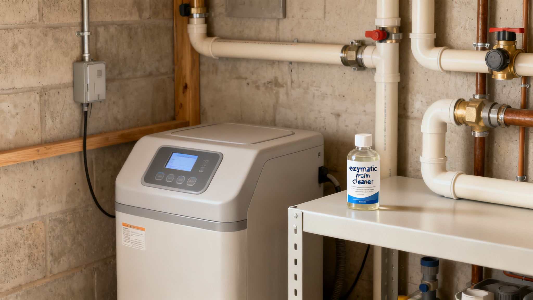 A utility room with a water softener, various pipes, and a bottle of enzymatic drain cleaner.