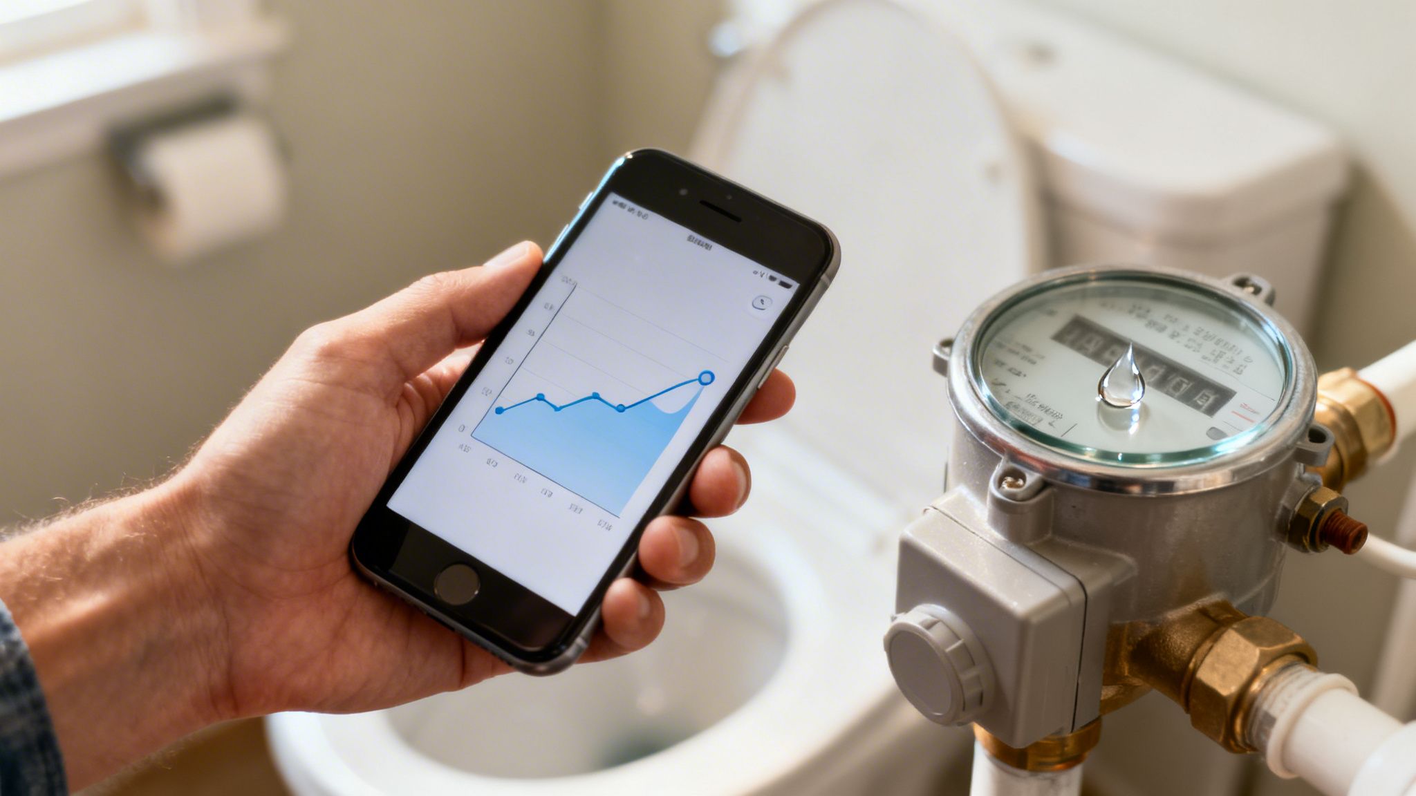 A hand holds a smartphone displaying a water usage graph next to a water meter with a droplet.