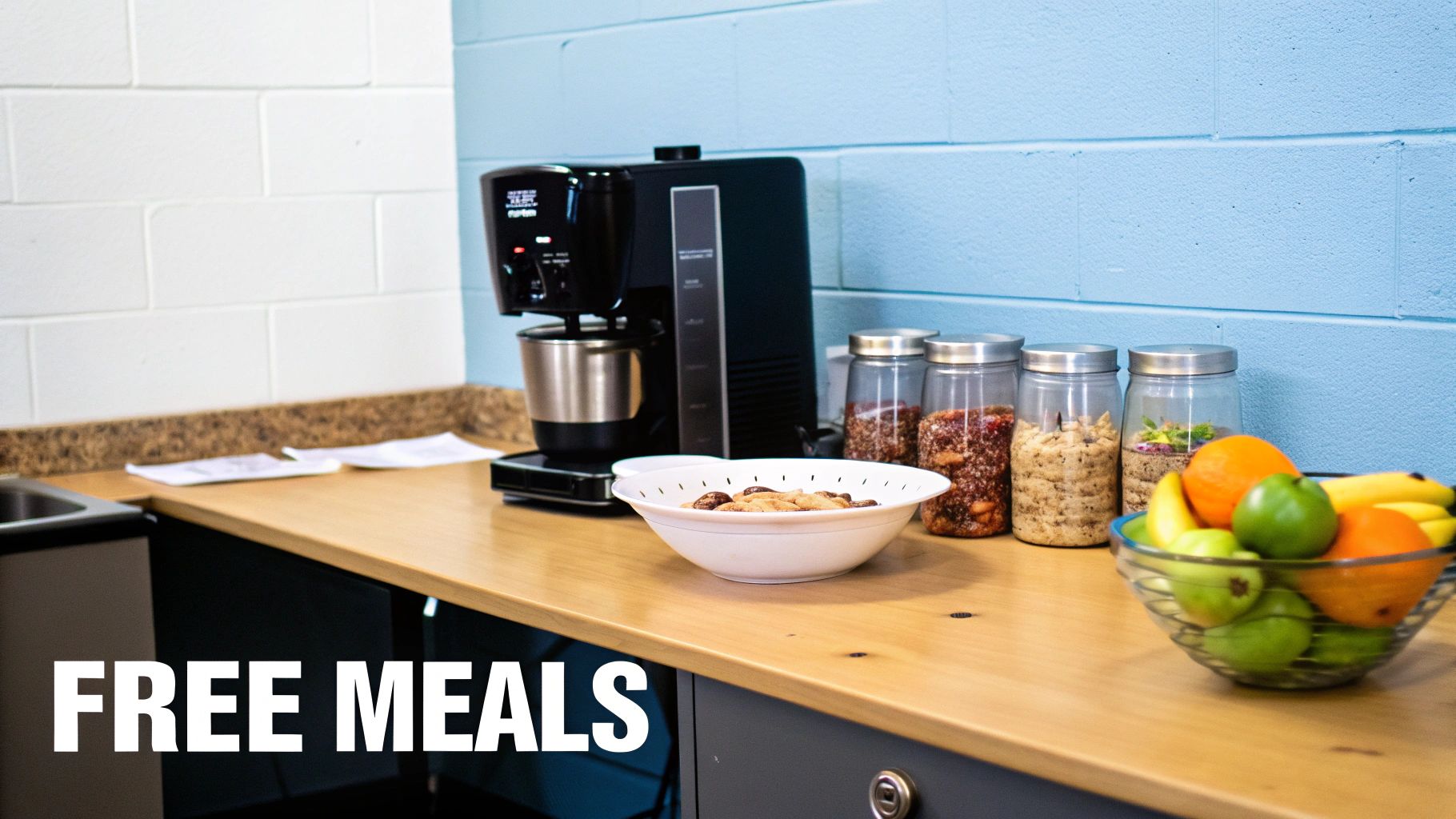 A counter with a coffee maker, snacks, jars of cereal, and a fruit bowl, labeled 'FREE MEALS'.