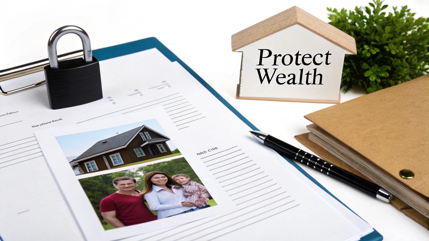 Documents, a padlock, a family photo, and a model house saying 'Protect Wealth', symbolizing financial planning.