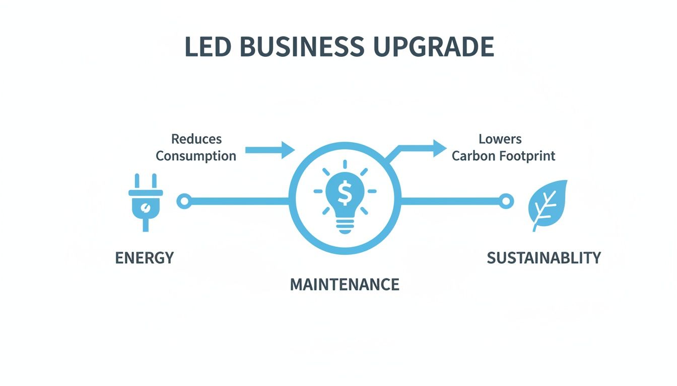 Flowchart illustrating LED business upgrade benefits: reduced energy consumption, lower maintenance, and improved sustainability.