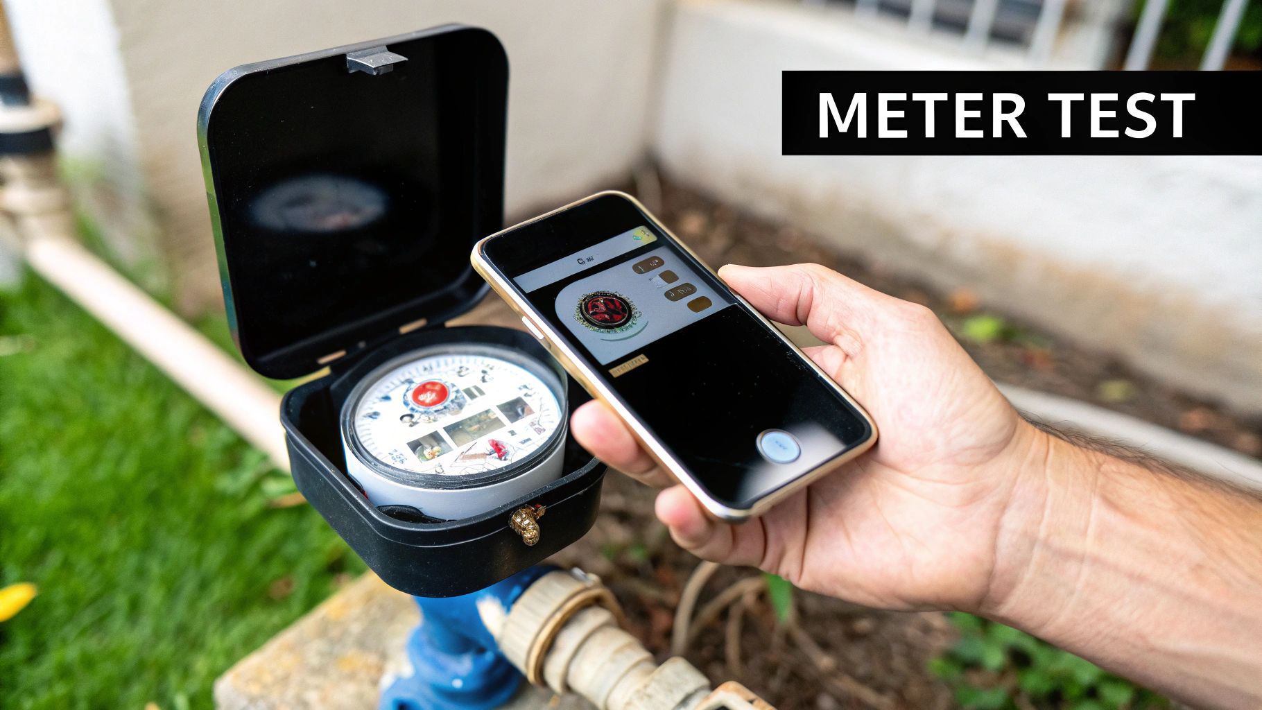 A person uses a smartphone app to test a residential water meter, displaying the results digitally.